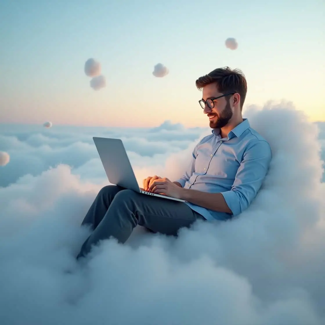 A digital marketing strategist in Kochi siting on a cloud and working in his laptop